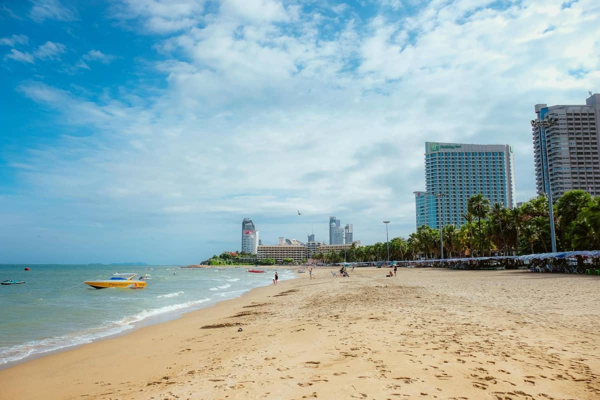 Wide view of Pattaya Beach with golden sand, palm trees, waterfront hotels and high-rise buildings under a blue sky.