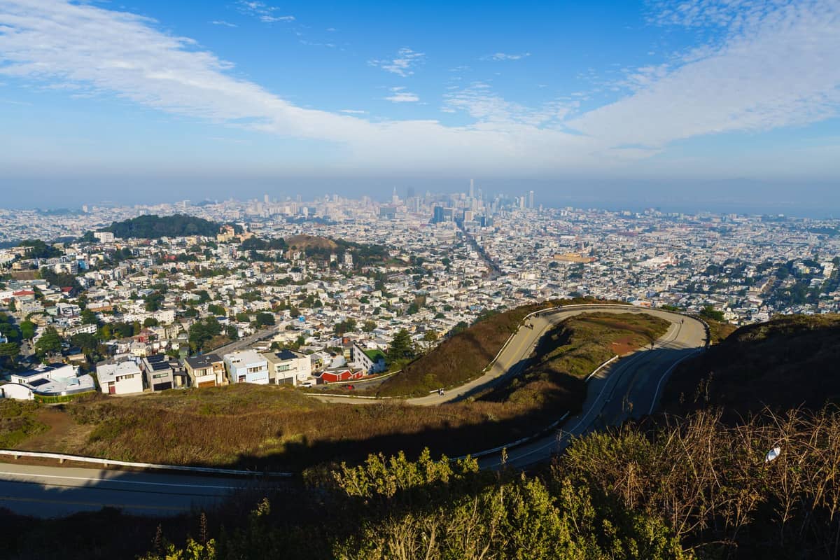 Weites Panorama von den Twin Peaks mit Blick auf die vielfältigen Stadtteile von San Francisco, eine kurvenreiche Straße und die Skyline der Innenstadt unter blauem Himmel.