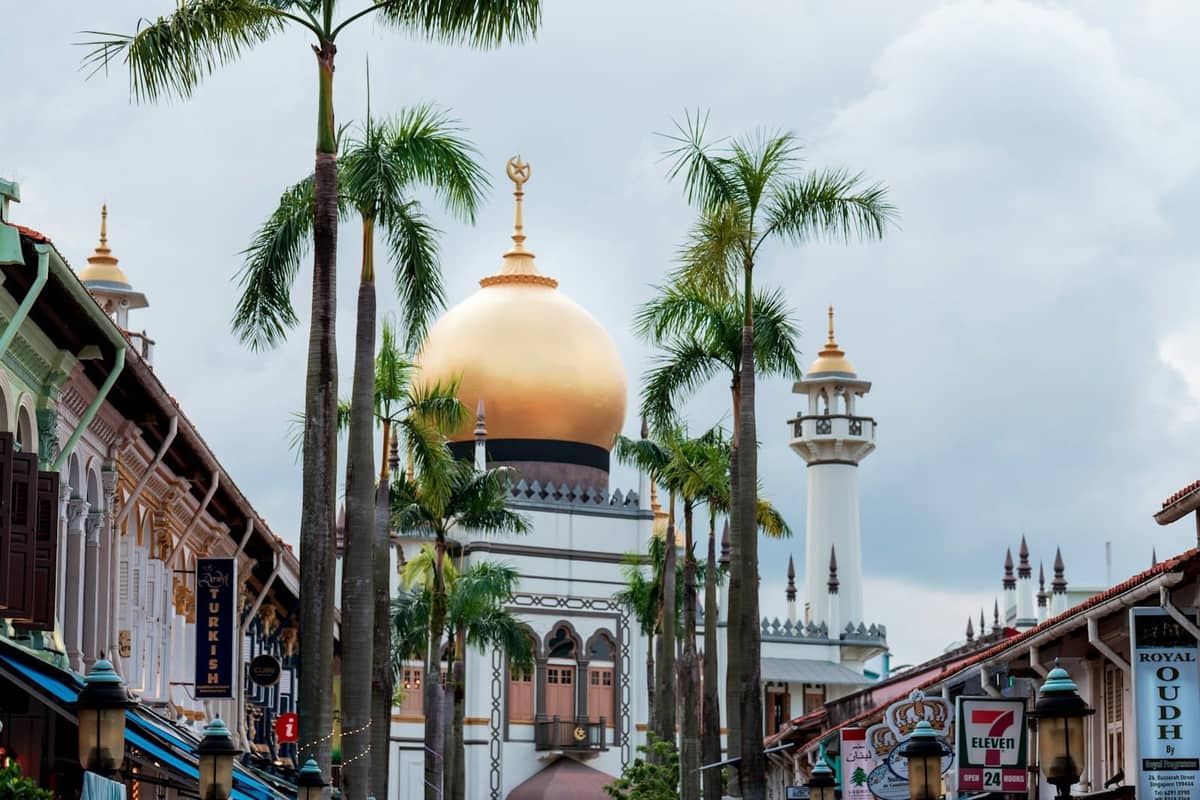 View of Sultan Mosque with palm trees and shophouses in Kampong Glam, Singapore, under cloudy skies.