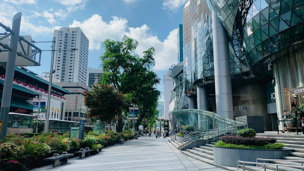 Wide pedestrian shopping stretch along Orchard Road, featuring modern glass-fronted malls, greenery, and high-rise hotels in Singapore.