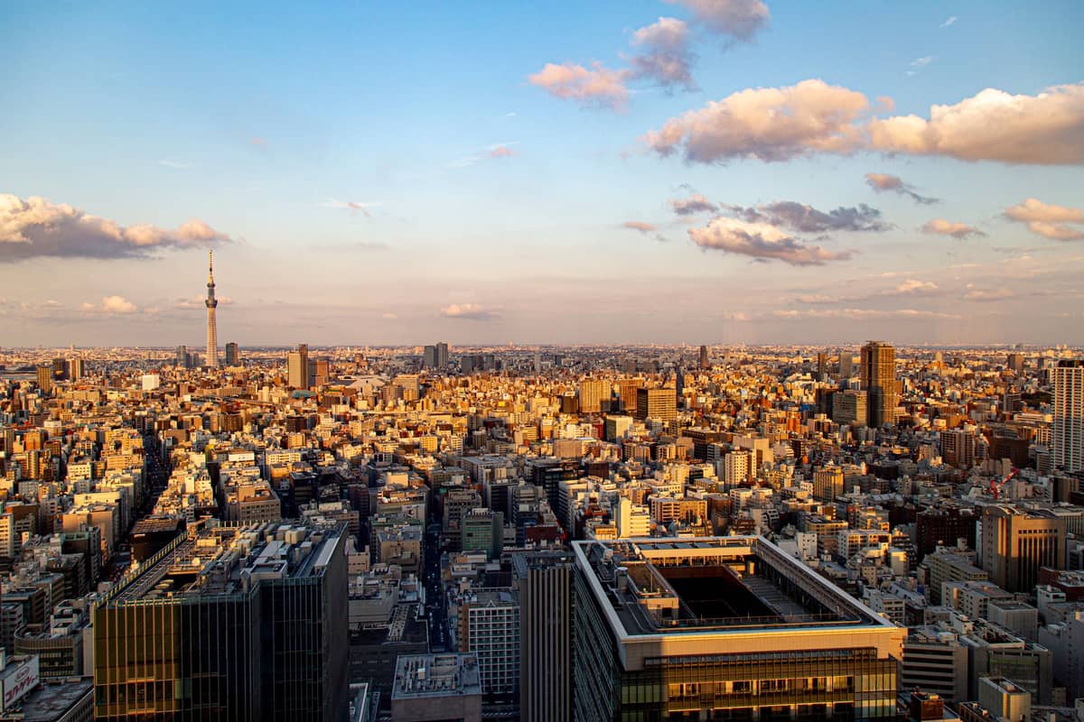 Panoramic view of Tokyo city with Tokyo Skytree and numerous neighborhoods visible under a mostly clear afternoon sky.