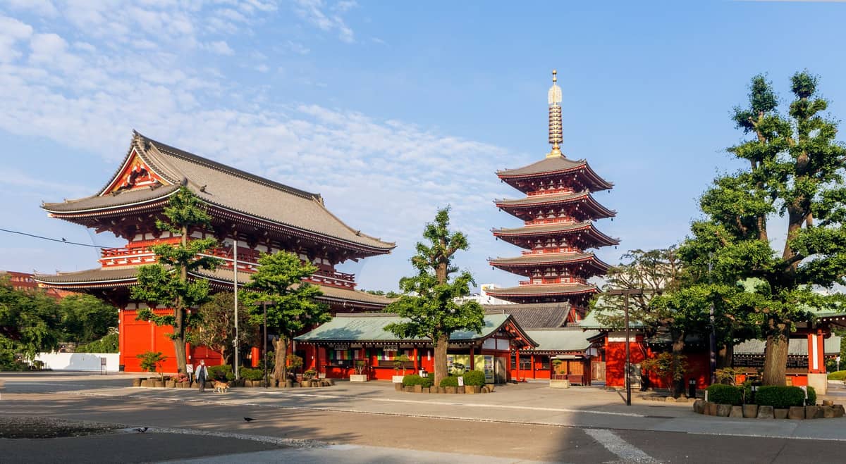 Wide view of Senso-ji Temple and pagoda in Asakusa, Tokyo, with traditional red buildings and clear blue sky.