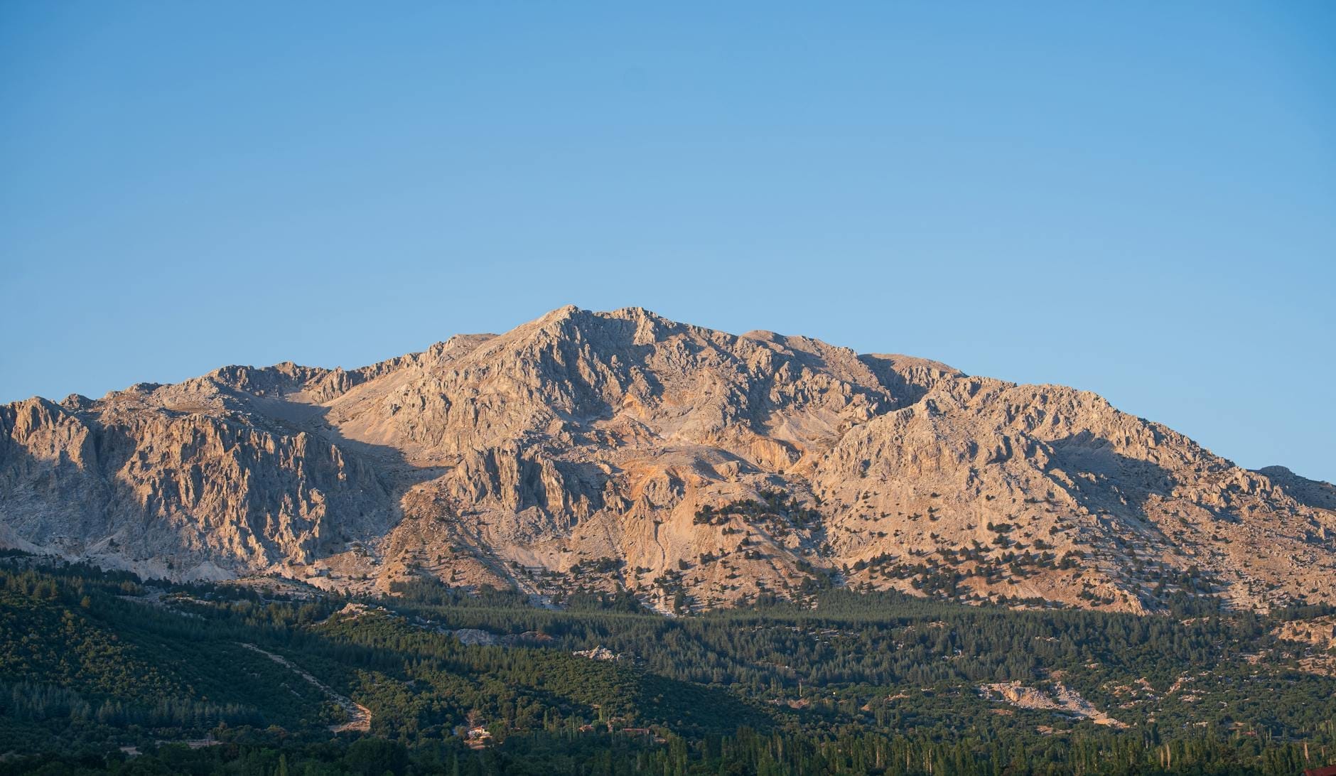 Vista ampia dei ripidi picchi calcarei delle Montagne Bianche (Lefka Ori) sopra fitte foreste sotto un cielo azzurro limpido a Creta.