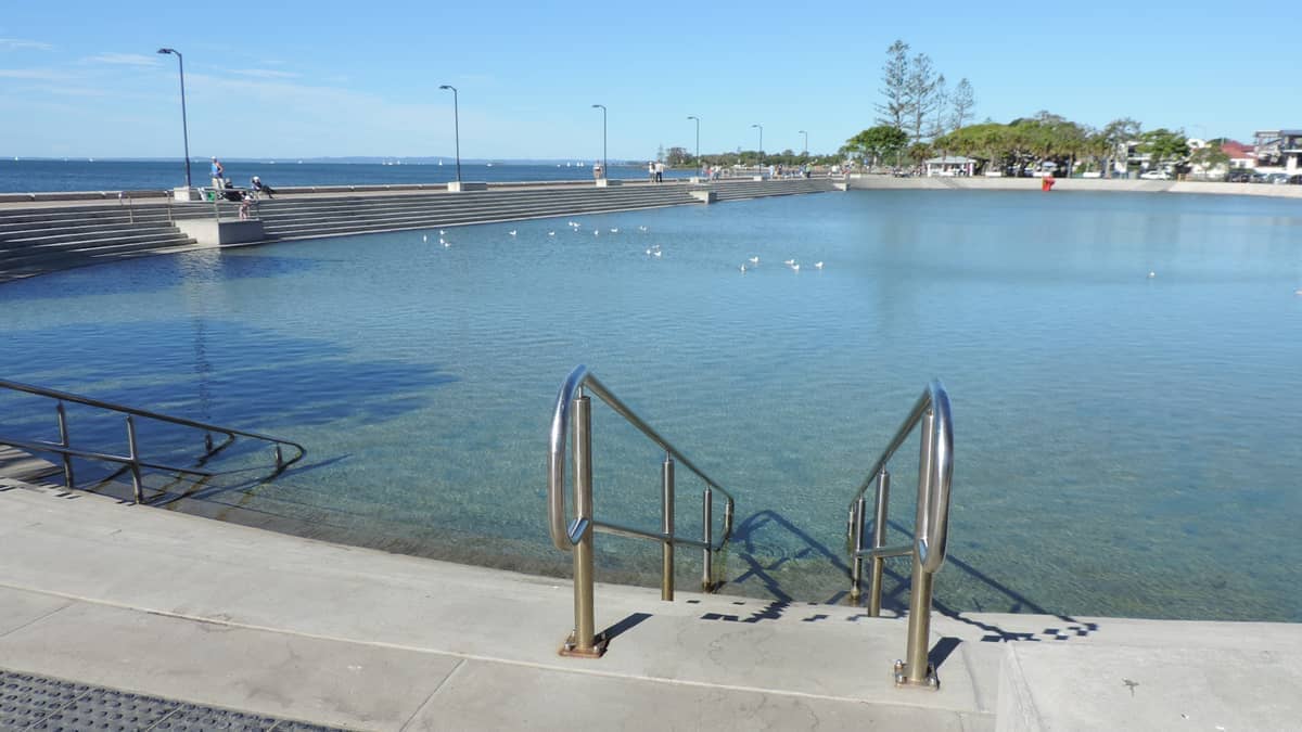 Handläufe aus Edelstahl führen die Stufen hinunter in das klare Gezeitenwasser des Wynnum Wading Pool, mit Möwen, die über den Pool verteilt sind.
