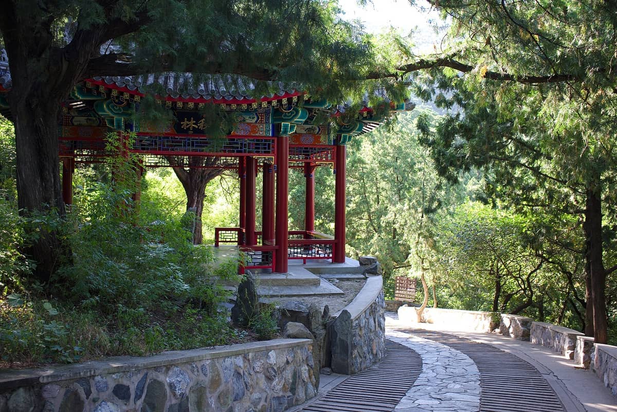 Traditioneller chinesischer Pavillon mit roten Säulen inmitten grüner Bäume und einem Steinweg im Xiangshan-Park, Peking, an einem sonnigen Tag.