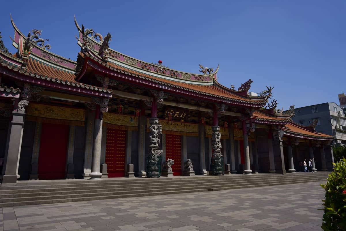 Die prächtige Haupthalle des Xingtian Temple in Taipei mit dem charakteristischen geschwungenen Dach, Drachenskulpturen und roten Türen vor strahlend blauem Himmel.