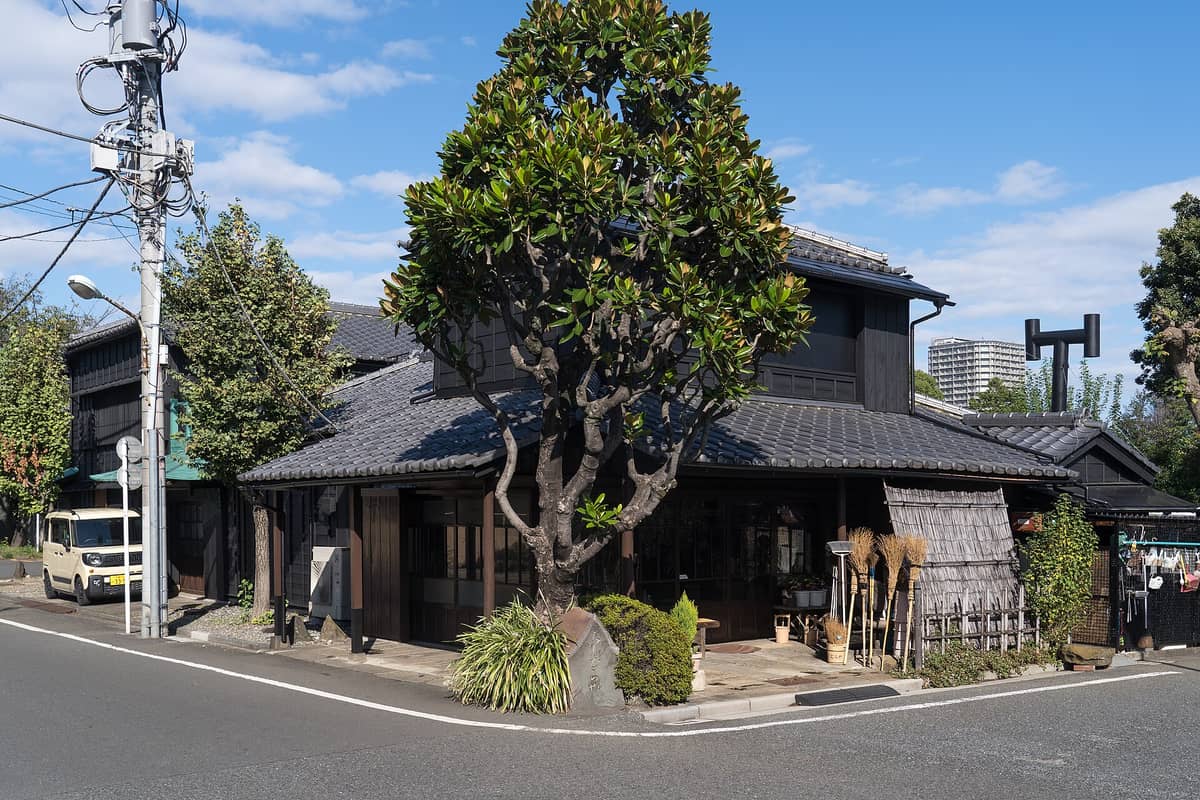 A traditional wooden building with dark tiled roof sits at a street corner in Yanaka, Tokyo, surrounded by greenery and overhead power lines on a sunny day.