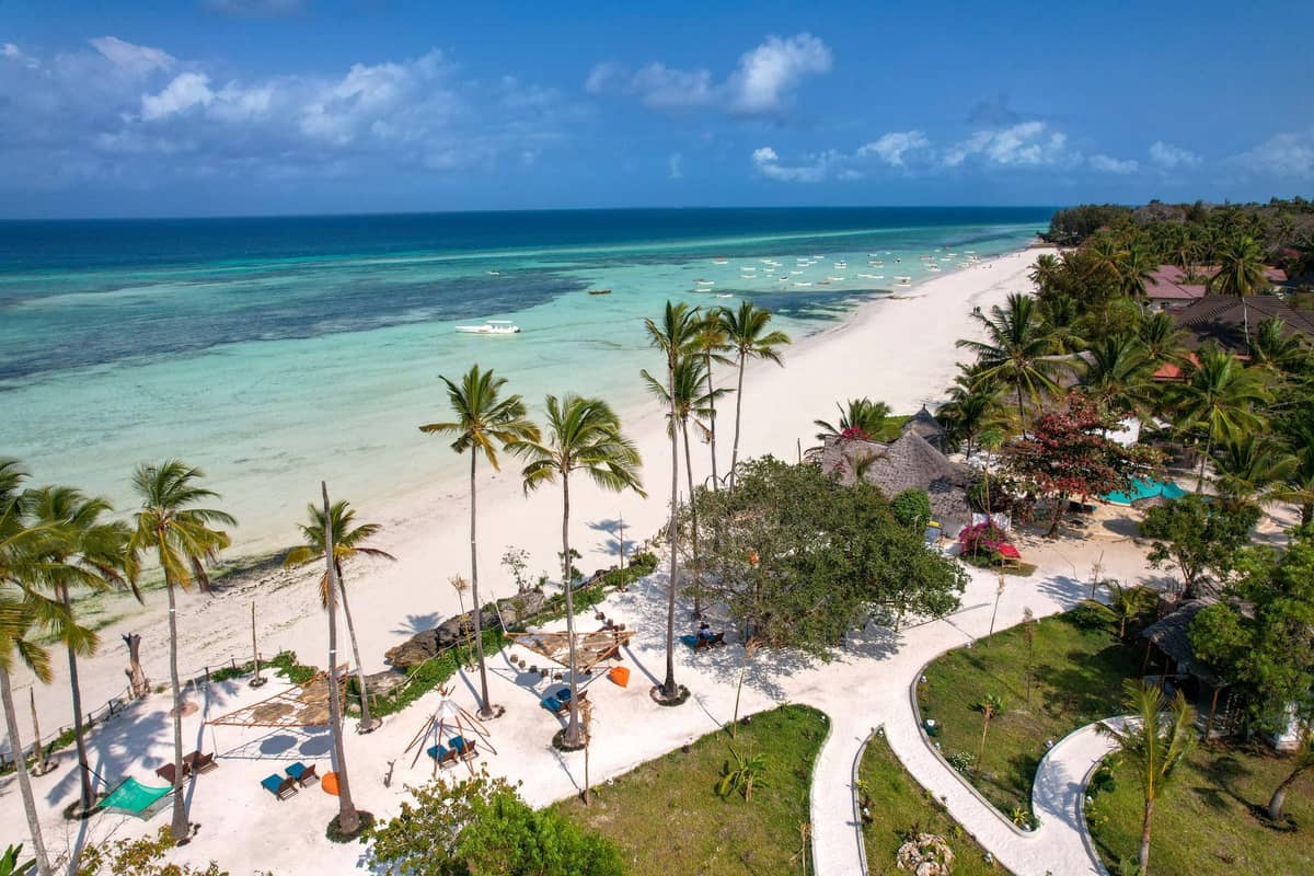 Aerial view of a Zanzibar beach with palm trees, white sand, turquoise water, and sun loungers under a blue sky.